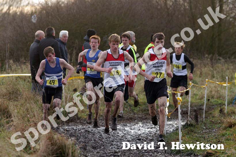 49 Phillip Winkler, 26 Greg Chambers and eventual winner 27 Luke Clarke the under-17s 2012 North East Championships, Summerhill Country Park, Hartlepool.